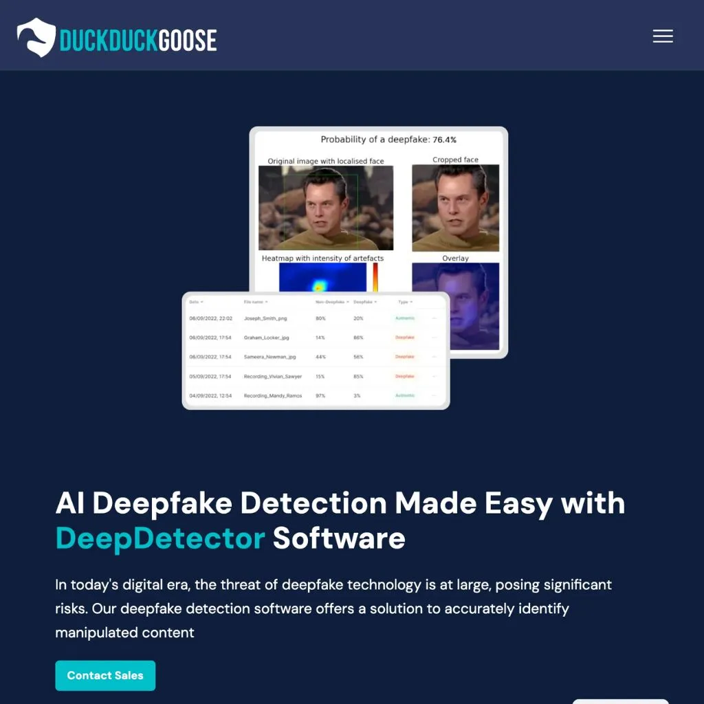 DuckDuckGoose AI video deepfake detector tool. Website screenshot.