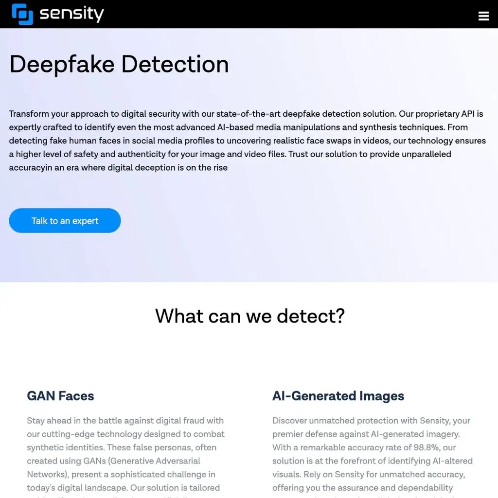 Sensity AI's video, image, and voice deepfake detection tool. Website screenshot.