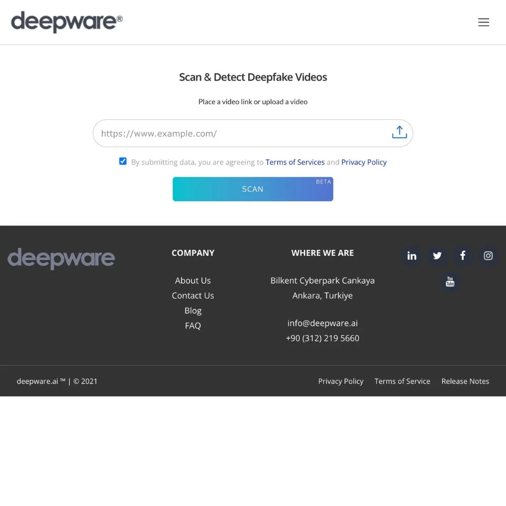 Deepware AI video deepfake detector tool. Website screenshot.