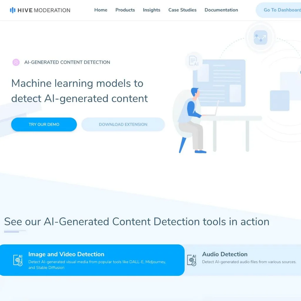 Hive Moderation AI media detector tool. Website screenshot.