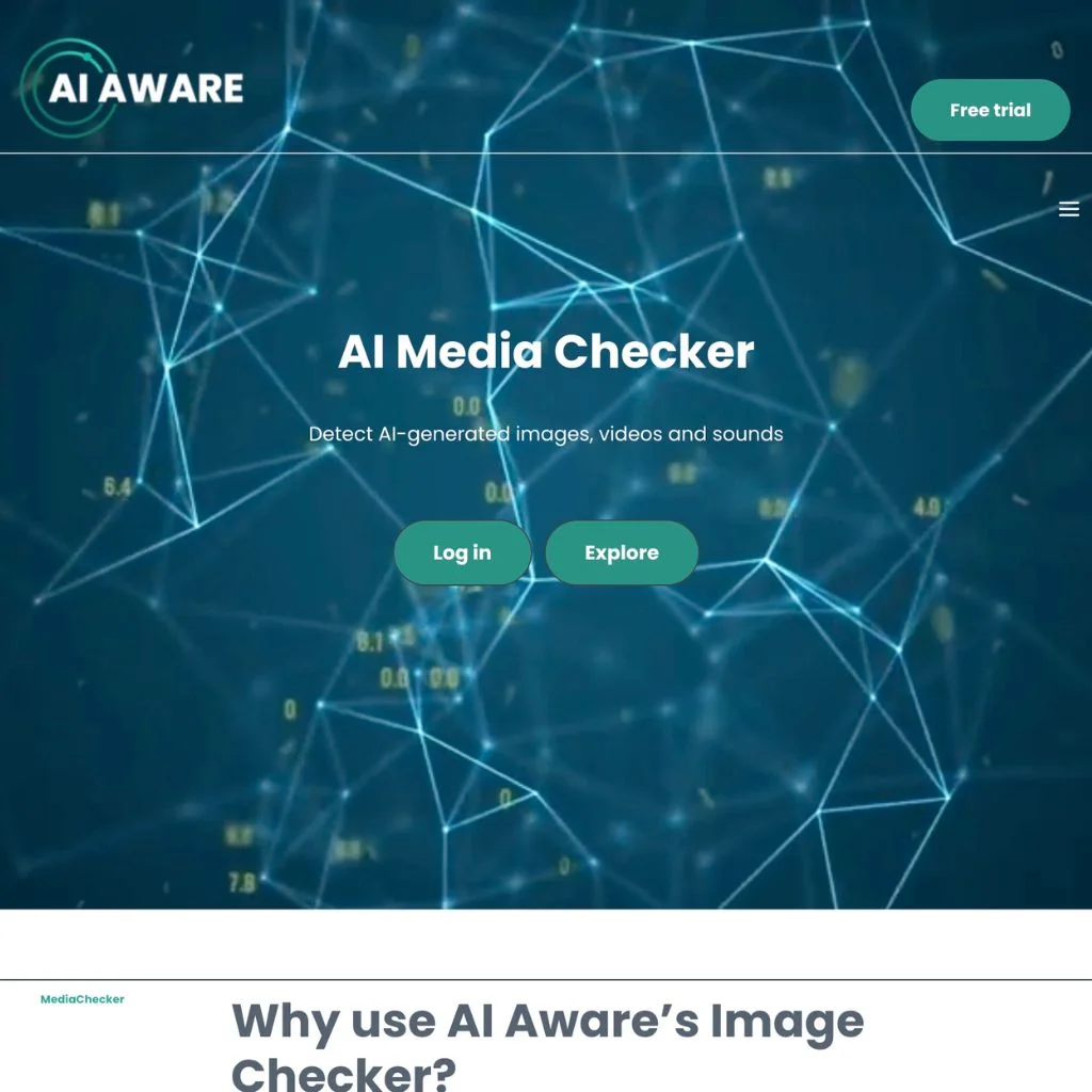 AI Aware synthetic media detector tool. Website screenshot.
