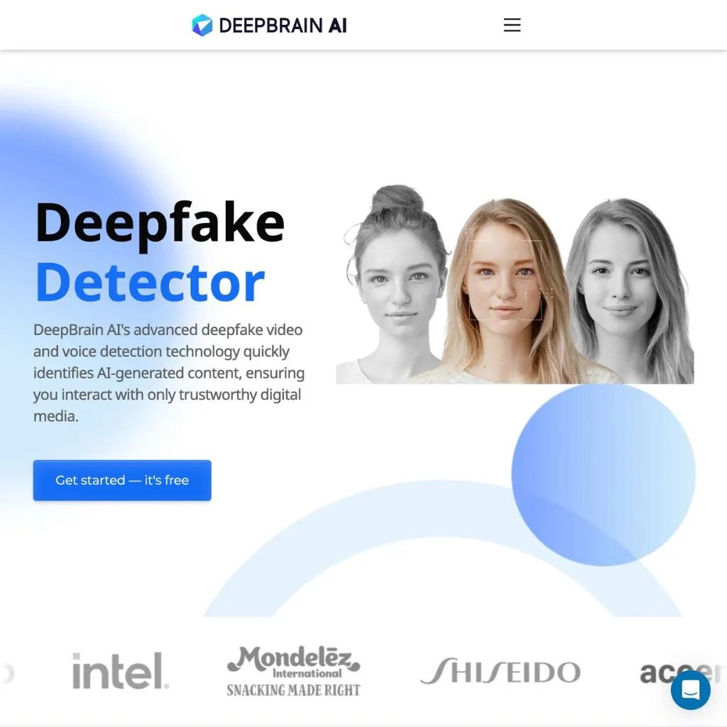 DeepBrain AI deepfake detector tool. Website screenshot.