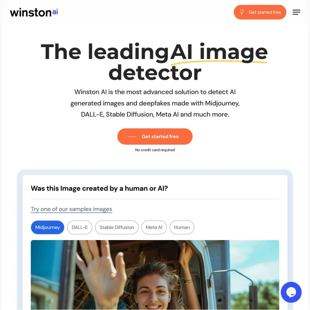 Winston AI AI image detector tool. Website screenshot.