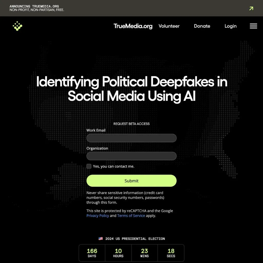 TrueMedia political deepfake detector tool. Website screenshot.