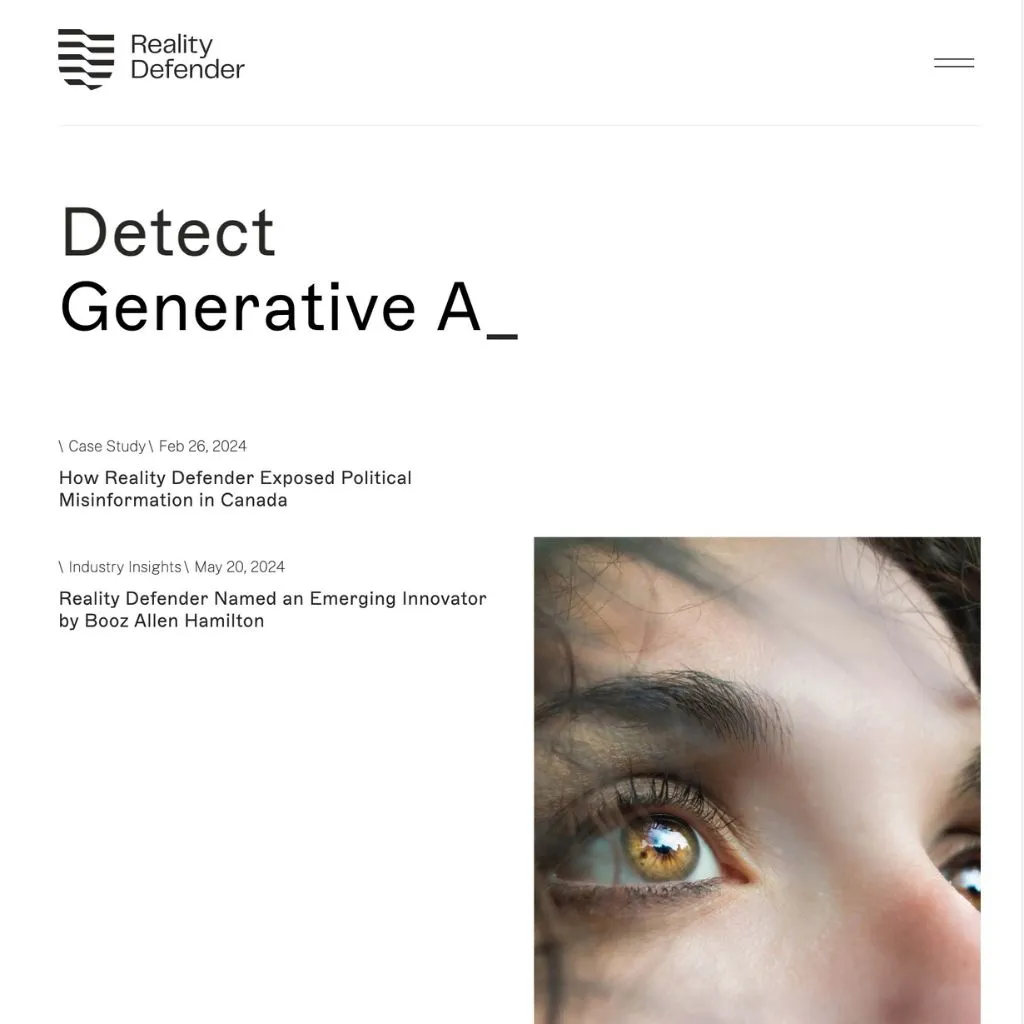 Reality Defender AI detector platform. Website screenshot.