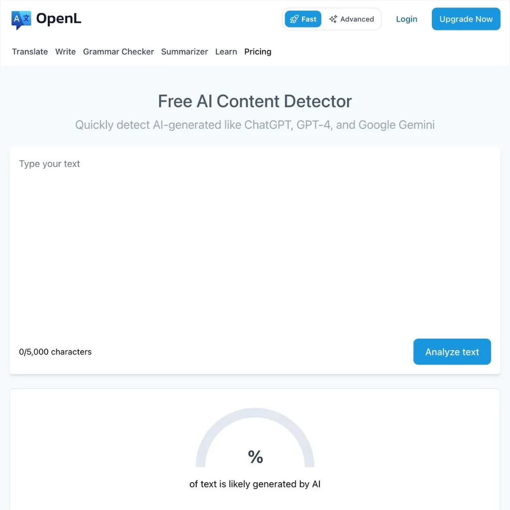 OpenL AI content detector. Website screenshot.