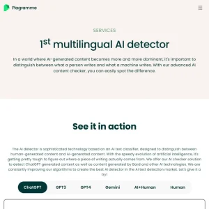 Plagramme AI content detector. Website screenshot.