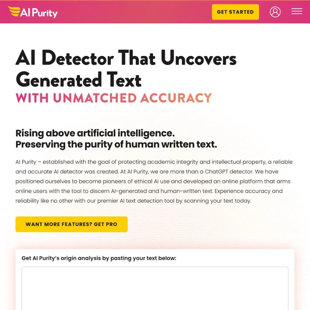 AI Purity AI content detector. Website screenshot.