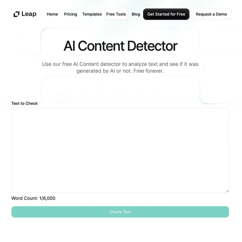 Leap AI Content Detector. Website screenshot.