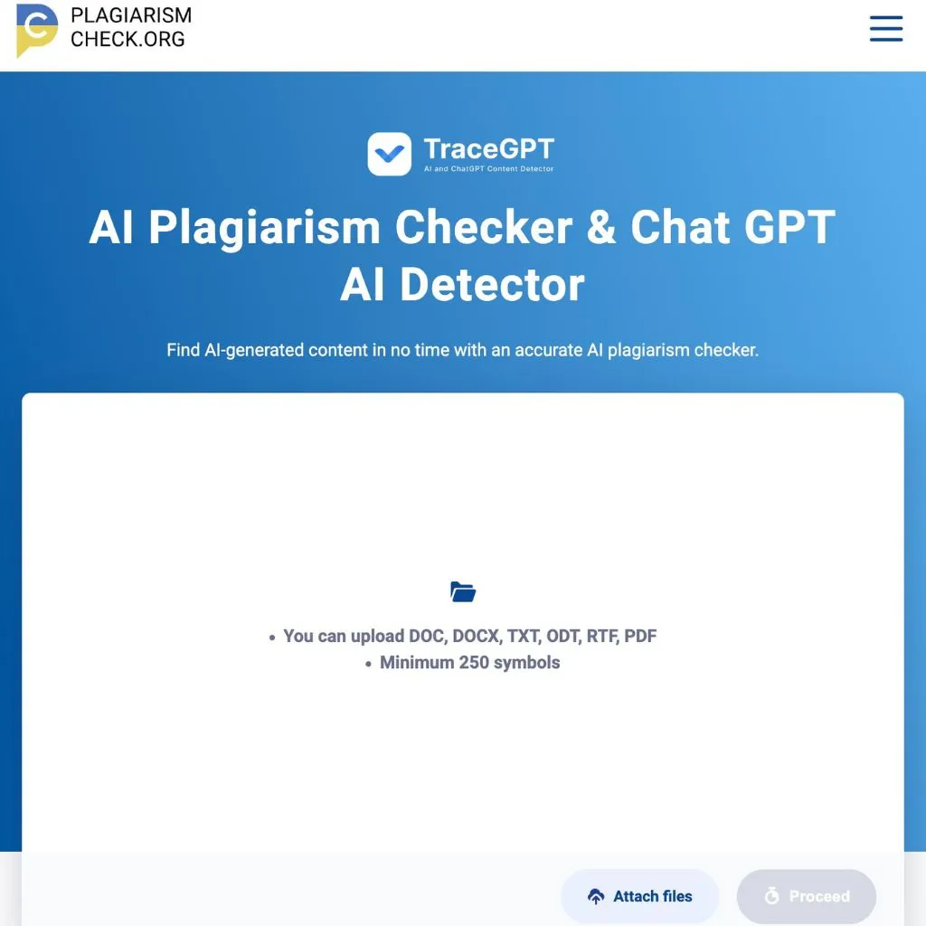 TraceGPT AI content detector by Plagiarismcheck.org. Website screenshot.